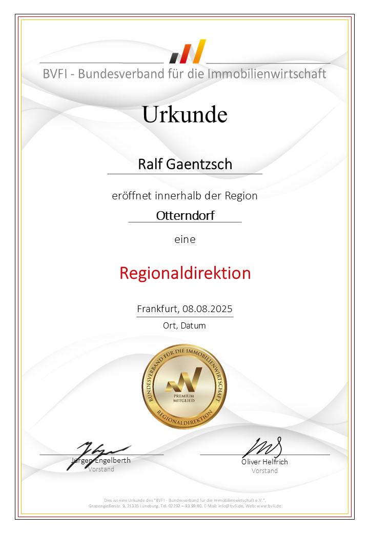 Foto Urkunde Ernennung zum Regionaldirektor des bvfi