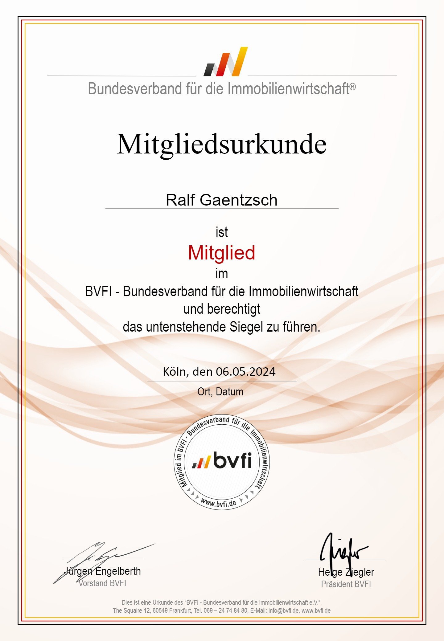 Foto BVFI Bundesverband für die Immobilienwirtschaft Mitgliedsurkunde